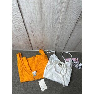 Orange Textured Crop Tank Top & White Tie-Front Crop Cami Lot of 2 Beach Cruise